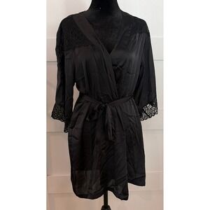 HM Black Satin Lace Trim Robe S Crochet Shoulder Detail Wrap Belted Loungewear